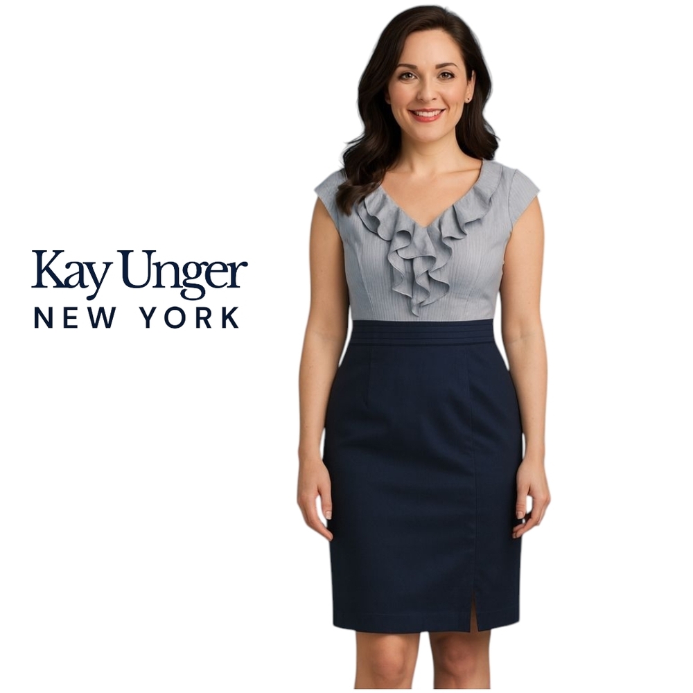 Kay Unger Two-Tone Ruffle V-Neck Sheath Dress (Style 30D364)